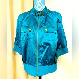 Miss Lili Womens Turquoise Short Sleeve  Full Zip Cropped Jacket Size 2X